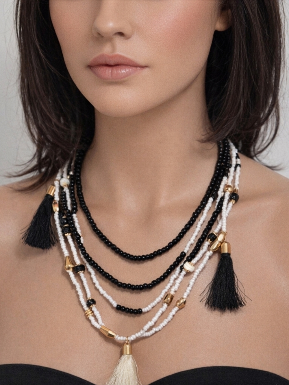 BALLET, Women's Stylish Layered Gold tone, Black & White Beads, Pom-pom Necklace